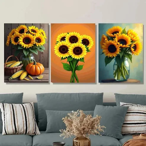 3pcs Sunflower Pumpkins, Modern & Classic Wall Art Set Canvas Unframed - High Quality Print 100% Australian Made Wall Canvas