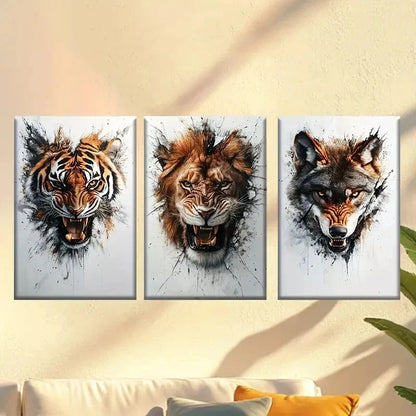 3pcs Angry Animal Portrait Tiger Lion Wolf Wall Art Set Canvas Framed 40x60cm - High Quality Print 100% Australian Made Wall Canvas Ready to Hang - Bella Home Decor