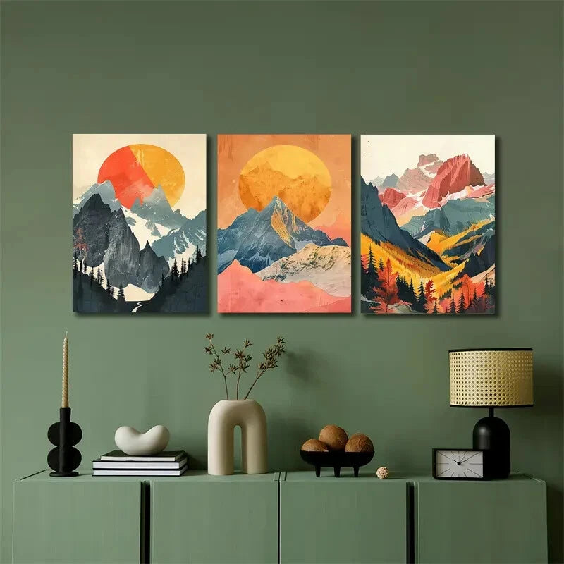 3pcs Abstract Sunset Mountain Wall Art Set Canvas Framed 50x70cm - High Quality Print 100% Australian Made Wall Canvas Ready to Hang