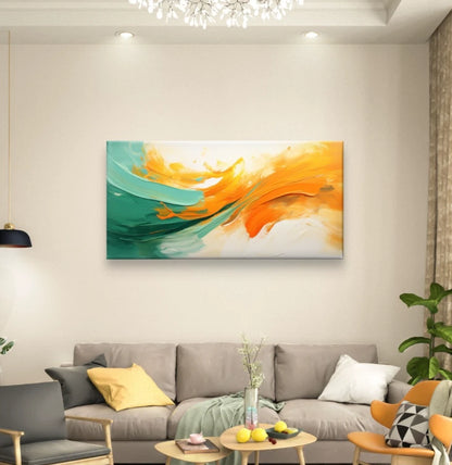 Abstract Teal & Orange Fluid Paint Wall Art Canvas Office Home Framed 120x60cm