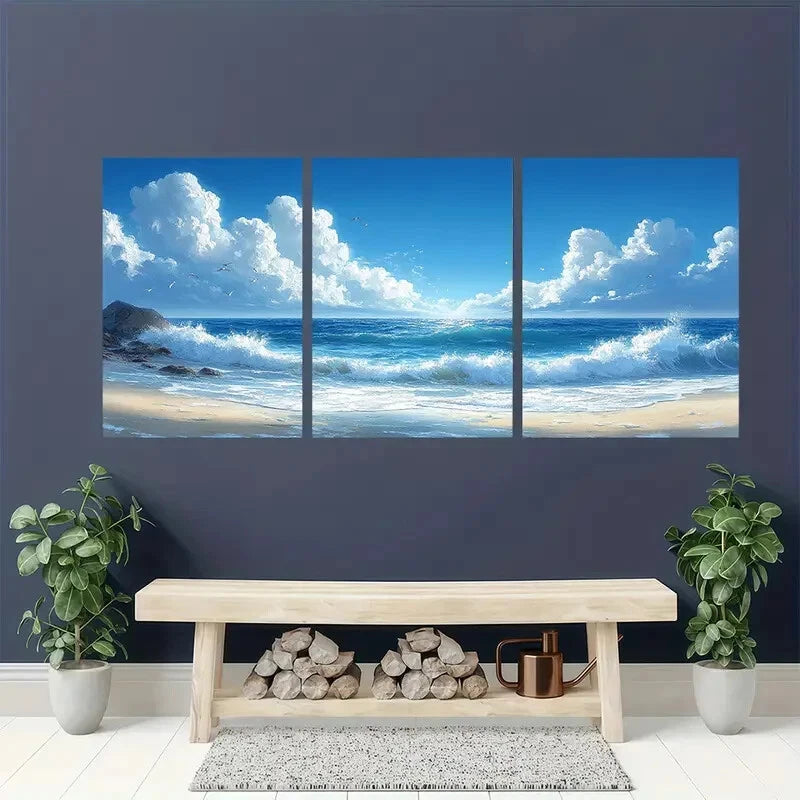 3pcs Vintage Beach Ocean Scene Blue Sky & Waves Metal Print Ready to Hang Art - Bella Home Decor