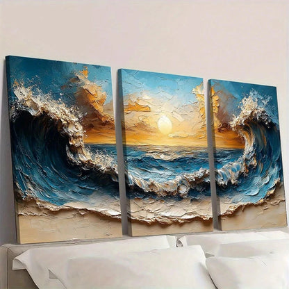 3pcs Beach Wave Oil Painting Abstract Wall Art Set Canvas Framed 50x70cm - High Quality Print 100% Australian Made Wall Canvas Ready to Hang - Bella Home Decor