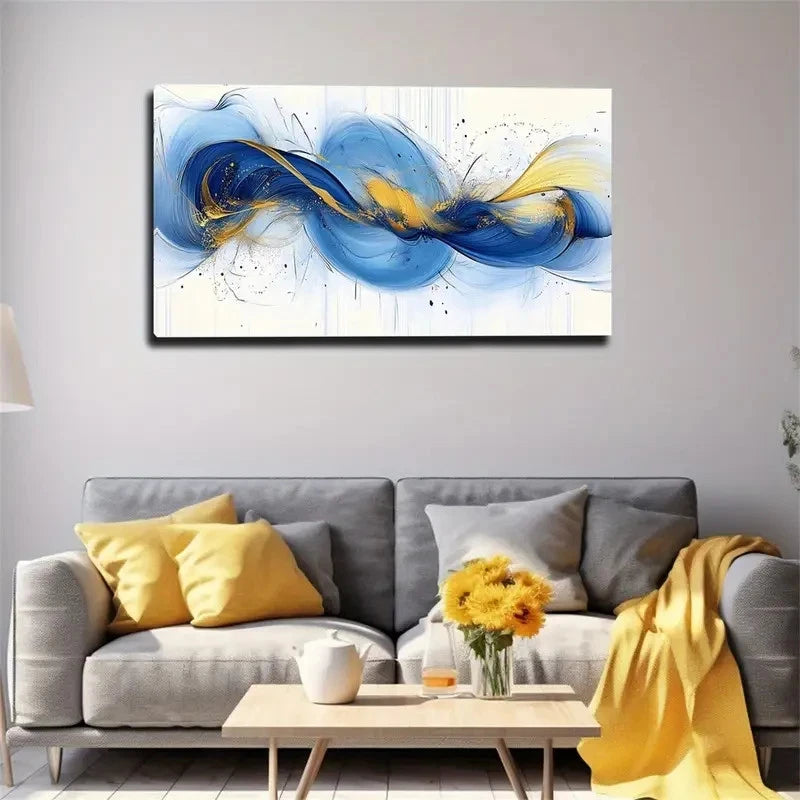 Blue & Yellow Interwoven Lines Wall Art Canvas Office Home Room Framed 120x60cm