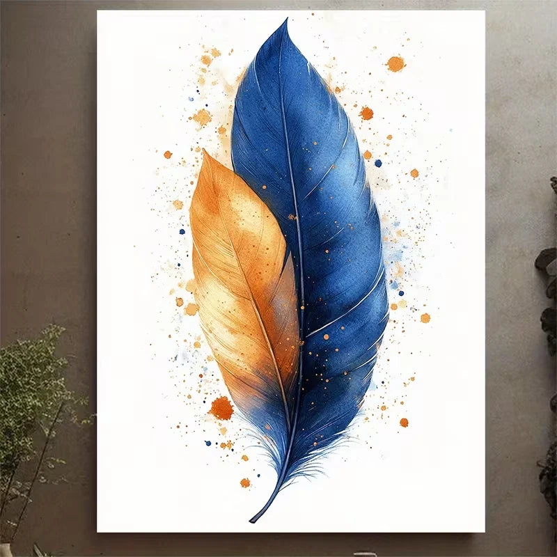 Two-Tone Blue & Orange Watercolor Feather Metal Print Ready to Hang