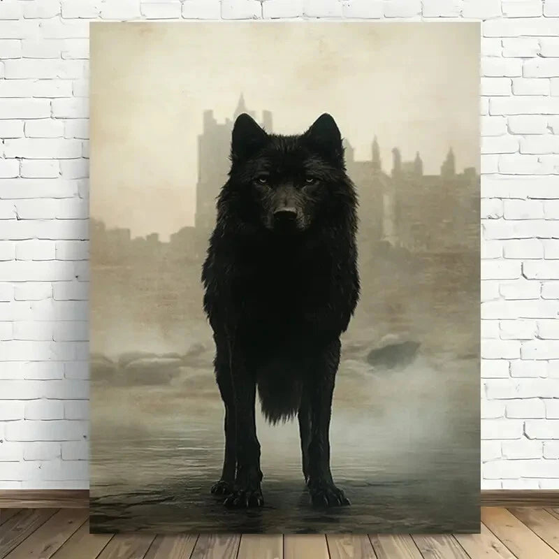 Beautiful Mystic Wolf Cityscape Modern Painting 40x60cm Metal Print Ready to Hang - Bella Home Decor
