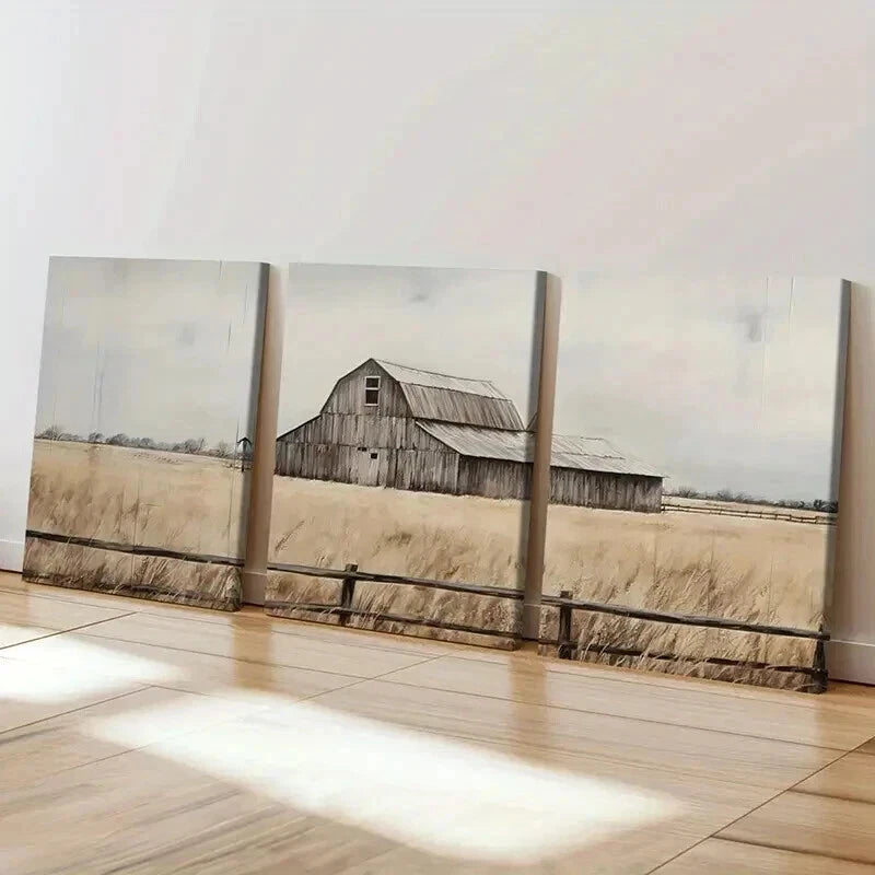 3pcs Rustic Barn Golden Field Wooden Fence Wall Art Set Canvas Framed 50x70cm - High Quality Print 100% Australian Made Wall Canvas Ready to Hang - Bella Home Decor