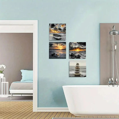 4pcs Ocean View Prints With Boat, Flowers & Ston Wall Art Canvas Framed
