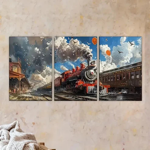 3pcs train on the tracks Wall Art Set Canvas Unframed - High Quality Print 100% Australian Made Wall Canvas