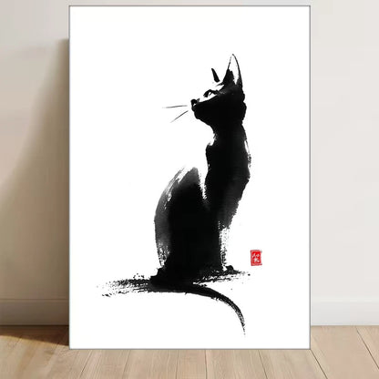 Japanese Black Cat Sumi-E Asian Calligraphy 60x90cm Metal Print Ready to Hang