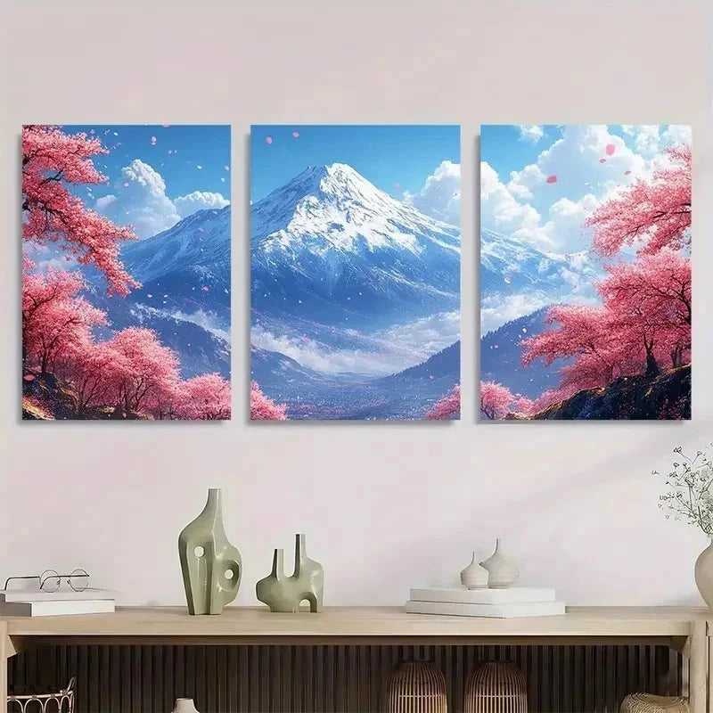3pcs Cherry Blossom Mountain Nature Perfect Wall Art Set Canvas Framed 50x70cm - High Quality Print 100% Australian Made Wall Canvas Ready to Hang - Bella Home Decor