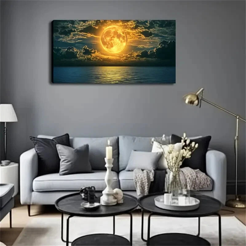 Moonlit Ocean Reflection Decor Wall Art Canvas Office Home Room Framed 120x60cm - Bella Home Decor