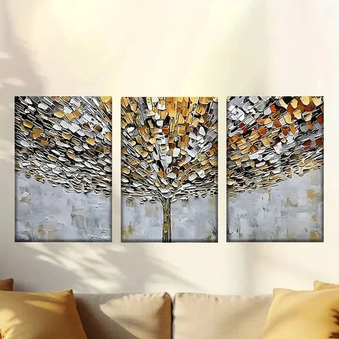 3pcs Vibrant Abstract Tree with Golden Leaves Wall Art Canvas Unframed – High Quality Print 100% Australian Made Wall Canvas