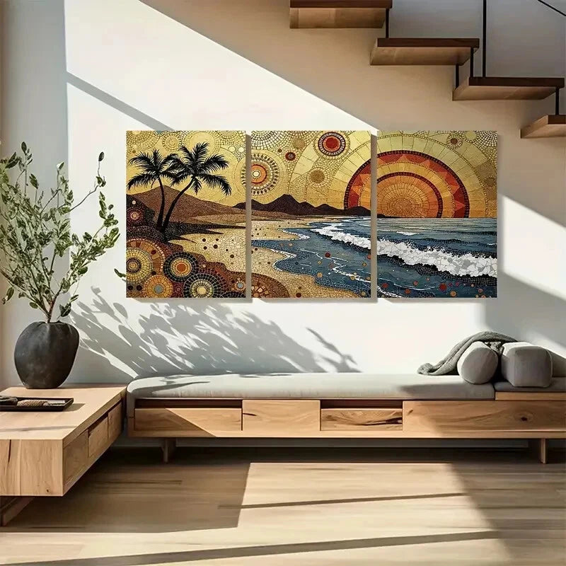 3pcs Golden and Blue Coastal Stunning Mosaic Beach Metal Print Ready to Hang Art - Bella Home Decor