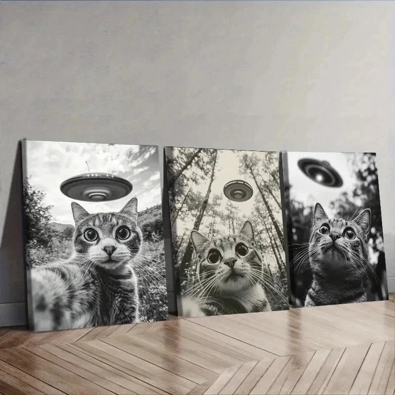 3pcs Cat Capturing a Selfie with a UFO Wall Art Set Canvas Framed 40x60cm - High Quality Print 100% Australian Made Wall Canvas Ready to Hang - Bella Home Decor