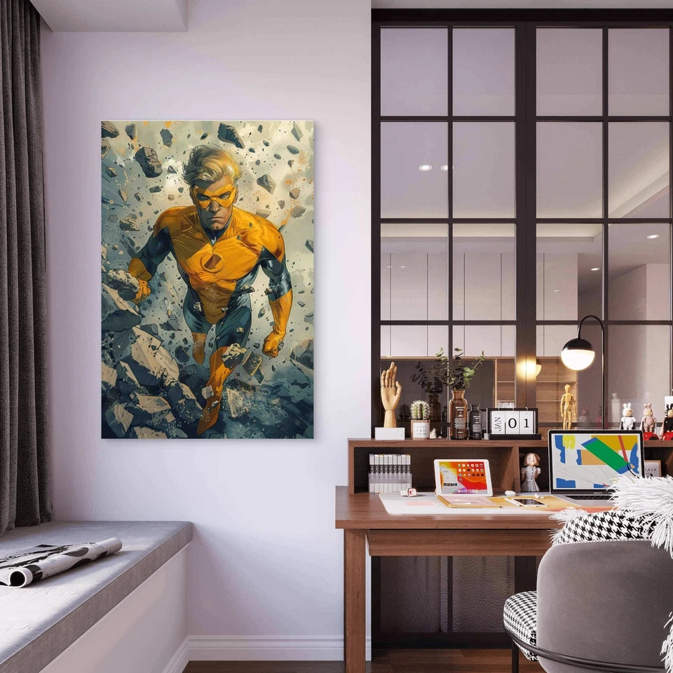 Cartoon Superhero Illustration 60x90cm Metal Print Ready to Hang