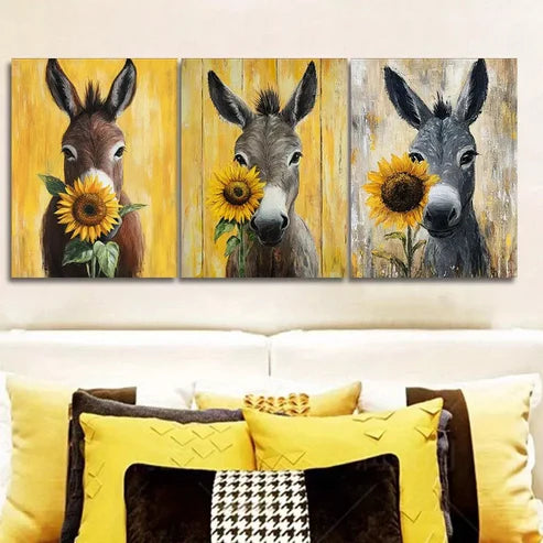 3 PCS An Adorable Donkey Adorned With A Sunflower Wall Art Set Canvas Unframed - High Quality Print 100% Australian Made Wall Canvas - Bella Home Decor