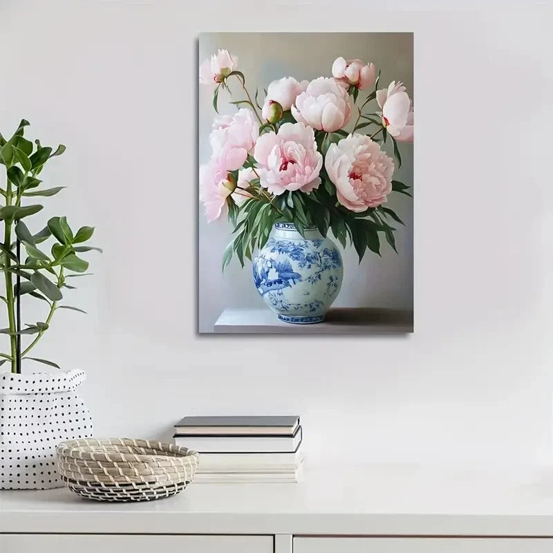 Pink Peonies in Blue & White Porcelain Vase Painting 40x60cm Metal Print Ready to Hang - Bella Home Decor