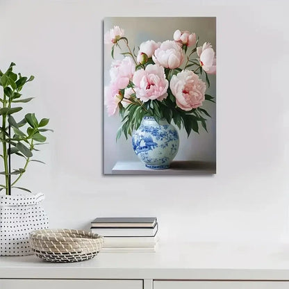 Pink Peonies in Blue & White Porcelain Vase Painting 40x60cm Metal Print Ready to Hang - Bella Home Decor