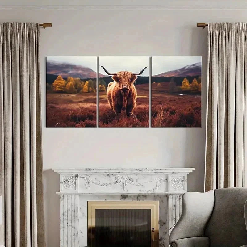 3pcs Animal Plateau Highland Cattle Wall Art Set Canvas Framed 50x70cm - High Quality Print 100% Australian Made Wall Canvas Ready to Hang - Bella Home Decor