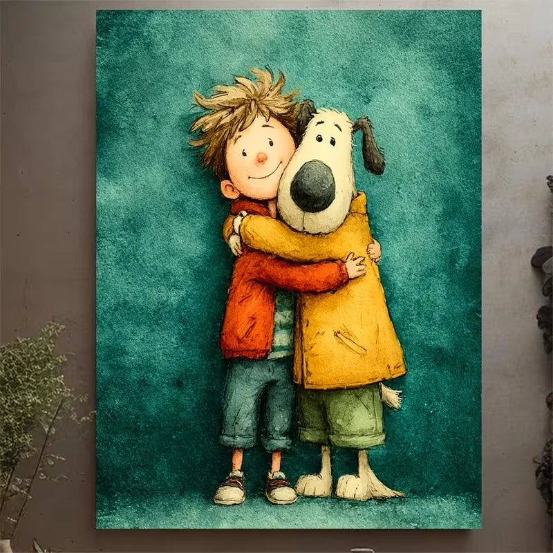 Dog and Boy Hugging Metal Print Ready to Hang