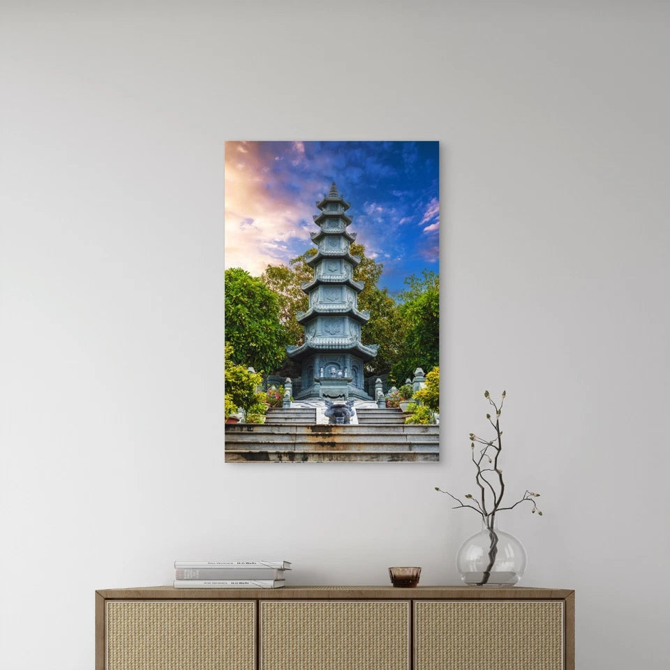 Vibrant Twilight Stone Temple Pagoda 40x60cm Metal Print Ready to Hang