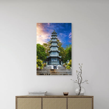Vibrant Twilight Stone Temple Pagoda 40x60cm Metal Print Ready to Hang