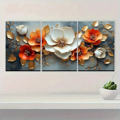 3pcs Elegant Modern White Golden Floral Metal Print Ready to Hang Art