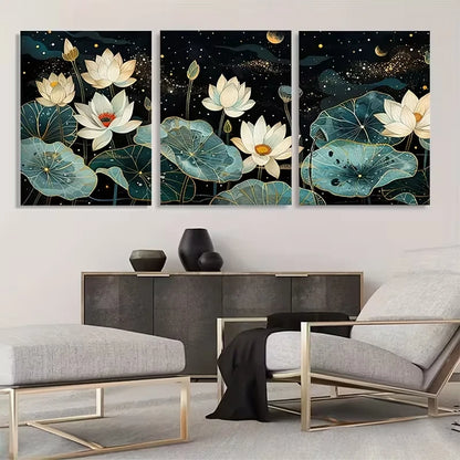 3pcs Night Blooming Lotus Flowers Dream  Wall Art Set Canvas Framed 50x70cm - High Quality Print 100% Australian Made Wall Canvas Ready to Hang - Bella Home Decor