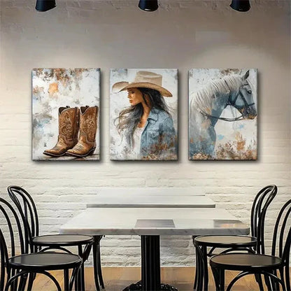 3pcs Rustic Country Girl Boots & Horse Perfect Wall Art Canvas Unframed - High Quality Print 100% Australian Made Wall Canvas