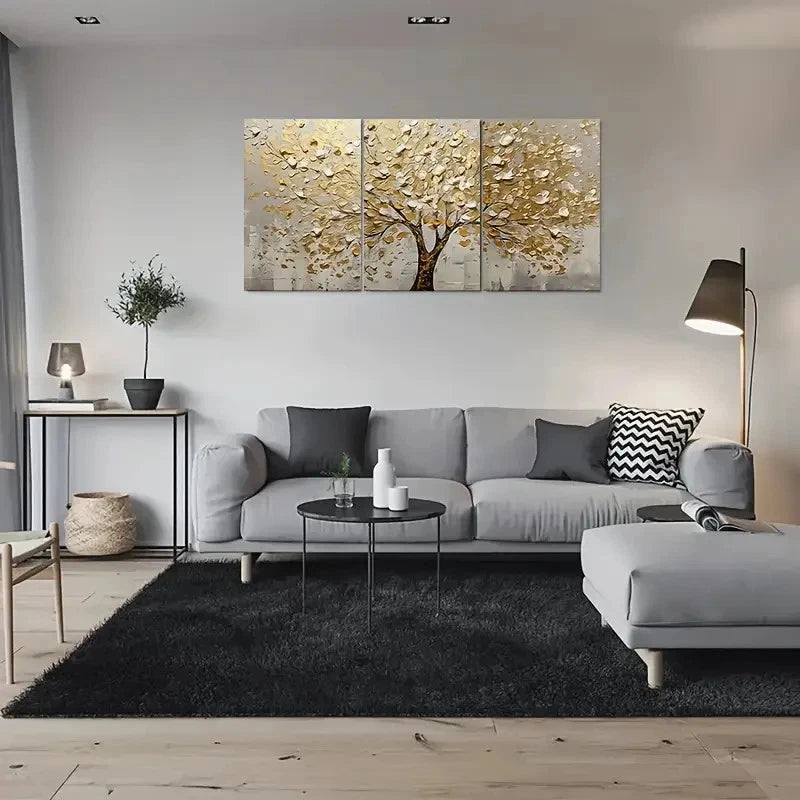 3pcs Abstract Tree Golden Leaf Painting Metal Print Ready to Hang Art - Bella Home Decor