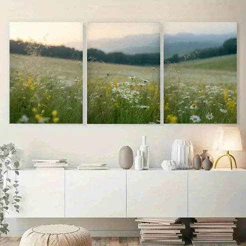 3pcs Wildflowers, Green Hills Canvas Wall Art Canvas Unframed - High Quality Print 100% Australian Made Wall Canvas