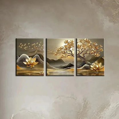 3pcs Golden For Lotus Tree Of Life Perfect Wall Art Set Canvas Framed 60x90cm - High Quality Print 100% Australian Made Wall Canvas Ready to Hang - Bella Home Decor