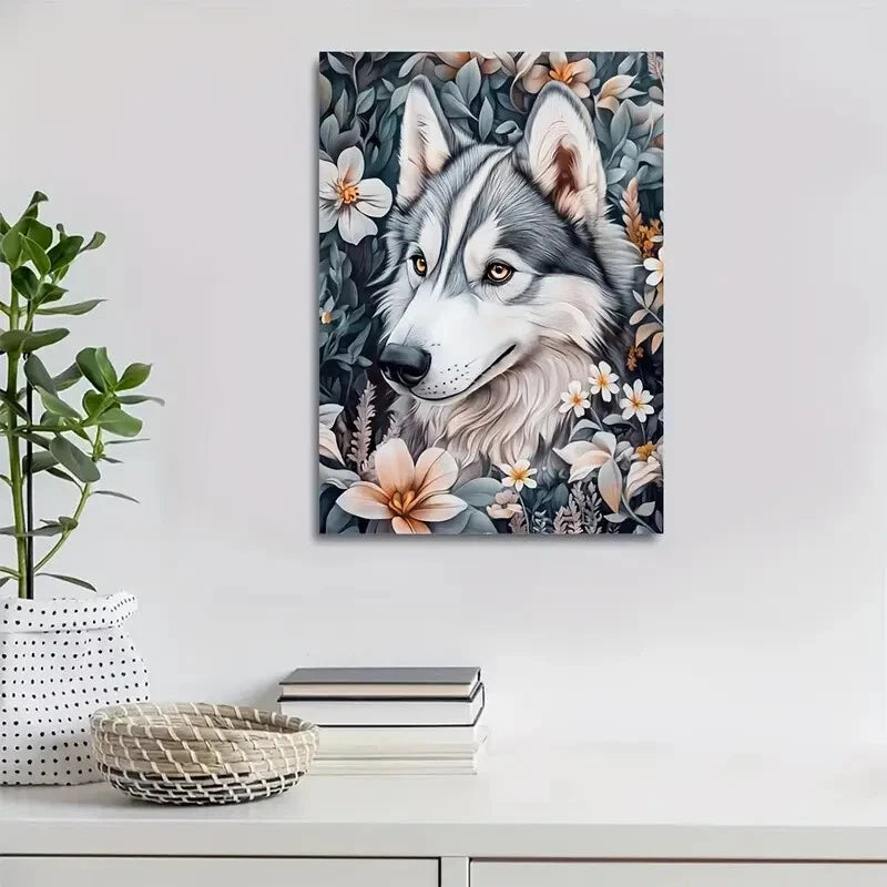 Flowers And Plants Cute Siberian Husky Dog Painting 40x60cm Metal Print Ready to Hang - Bella Home Decor