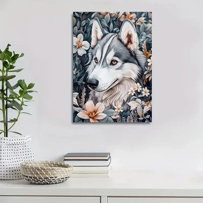 Flowers And Plants Cute Siberian Husky Dog Painting 40x60cm Metal Print Ready to Hang - Bella Home Decor
