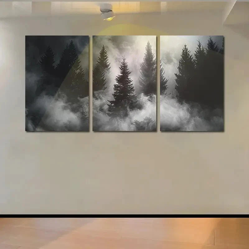 3pcs Misty Foggy Mountain Fir Forest Scene  Wall Art Set Canvas Framed 50x70cm - High Quality Print 100% Australian Made Wall Canvas Ready to Hang