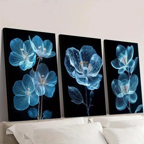 3pcs Bright Blue Flower on Dark Background Wall Art Canvas Unframed - High Quality Print 100% Australian Made Wall Canvas - Bella Home Decor