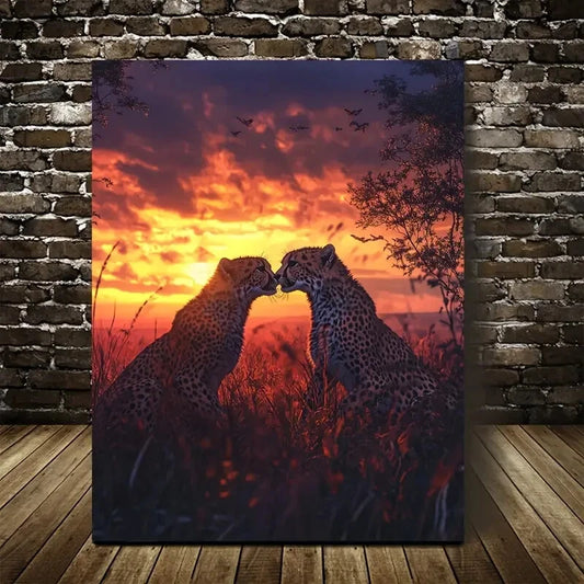 Stunning Cheetah Sunset Scene Painting 40x60cm Metal Print Ready to Hang - Bella Home Decor