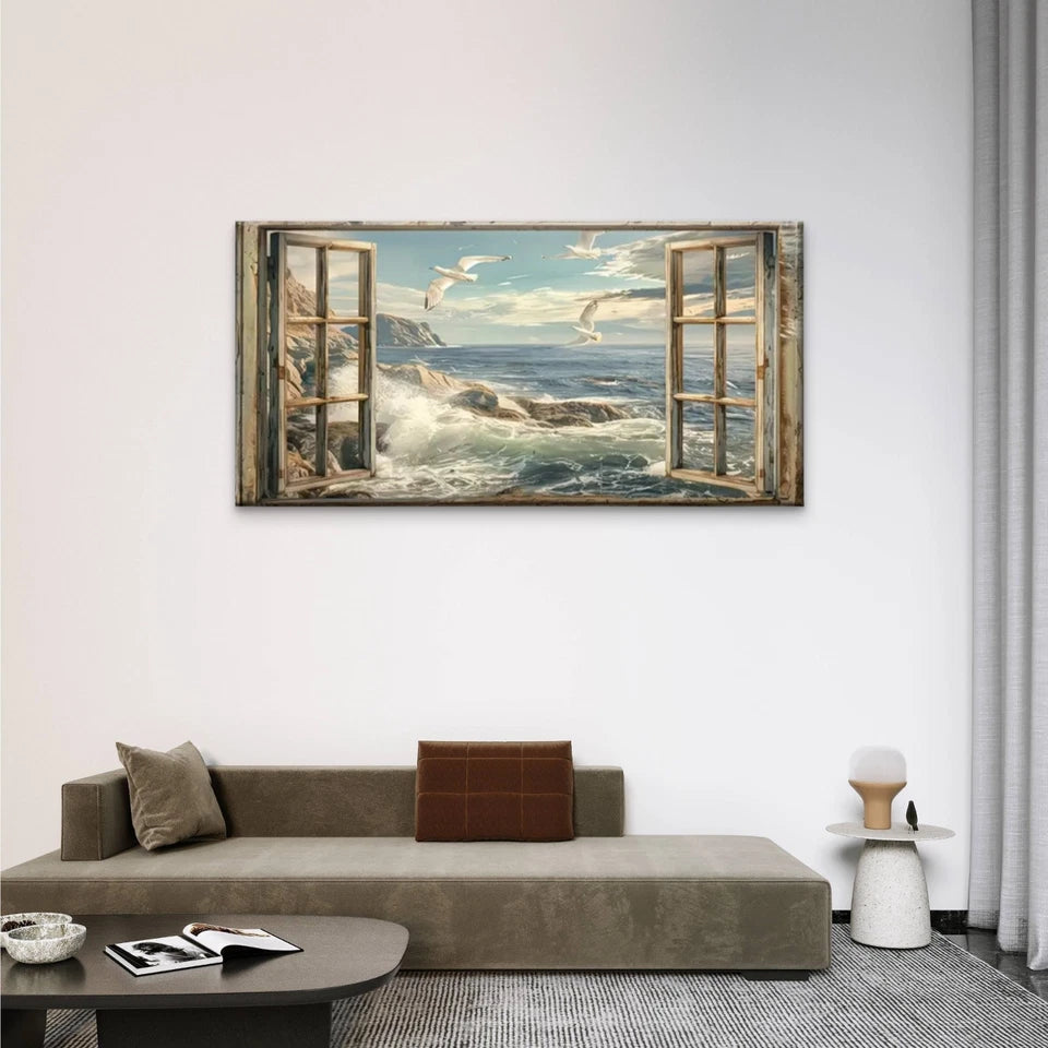 Windows Seagulls Flying Sea Wall Art Canvas Office Home Room Framed 120x60cm