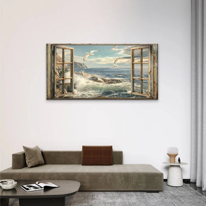 Windows Seagulls Flying Sea Wall Art Canvas Office Home Room Framed 120x60cm