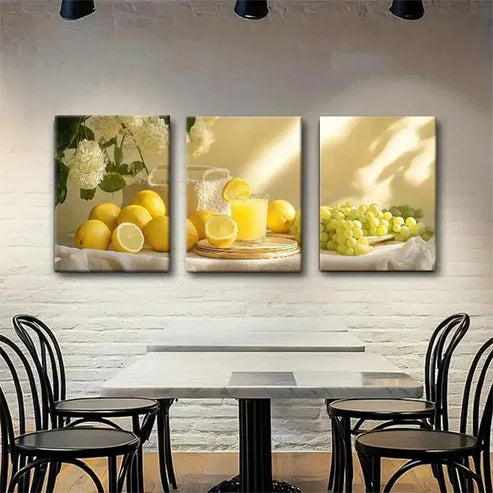3pcs Fresh Lemon and Grape Bright Perfect  Wall Art Set Canvas Unframed - High Quality Print 100% Australian Made Wall Canvas - Bella Home Decor