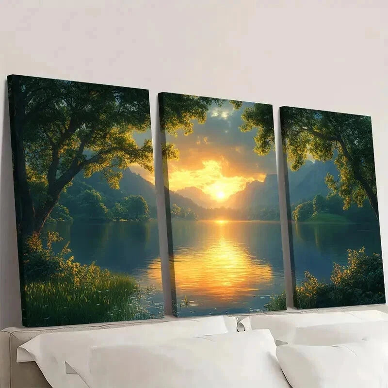 3pcs Serene Shire Sunrise & Calm Waters Scene Wall Art Set Canvas Framed 60x90cm - High Quality Print 100% Australian Made Wall Canvas Ready to Hang - Bella Home Decor