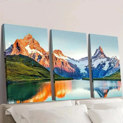 3pcs Snow Mountains Lake & Sunset Painting Wall Art Canvas Unframed - High Quality Print 100% Australian Made Wall Canvas