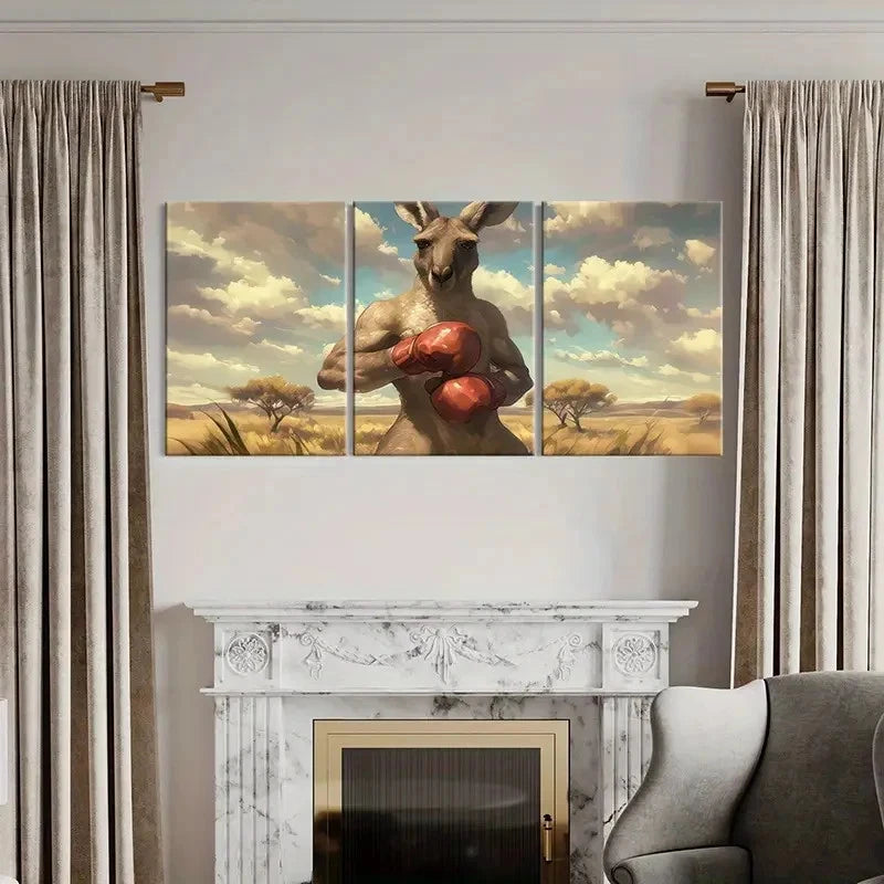 3pcs Australian Kangaroo Boxing Gloves Fantasy  Wall Art Set Canvas Framed 40x60cm - High Quality Print 100% Australian Made Wall Canvas Ready to Hang - Bella Home Decor