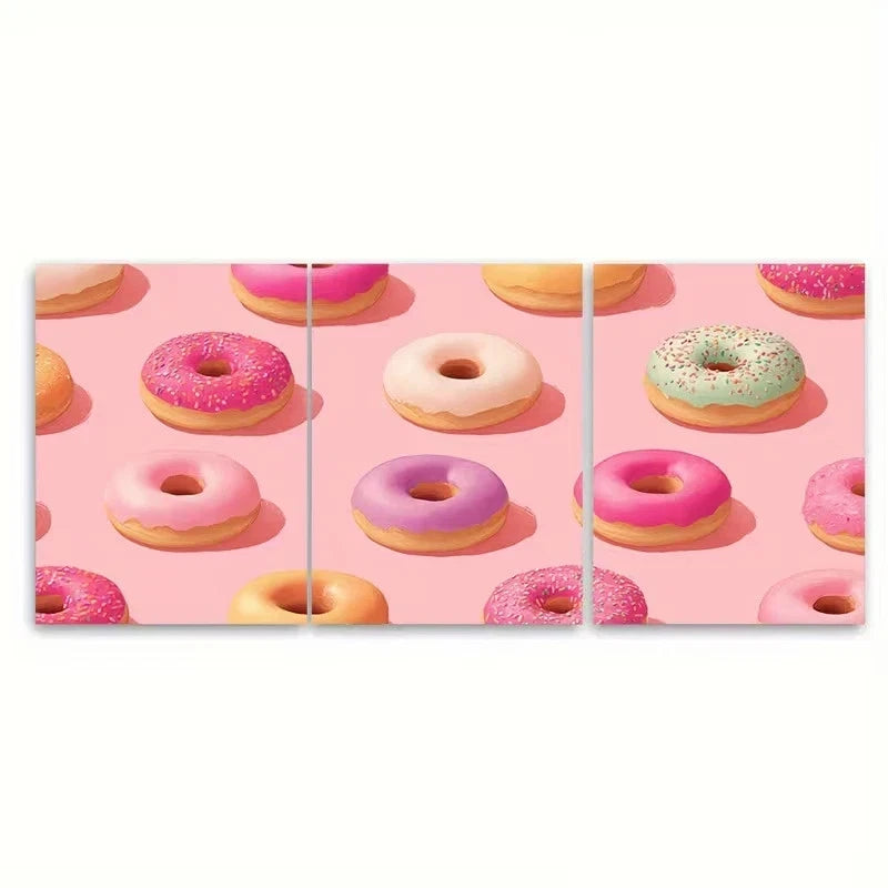 3pcs Pink Donut Kitchen Retro Breakfast Wall Art Set Canvas Framed 60x90cm - High Quality Print 100% Australian Made Wall Canvas Ready to Hang