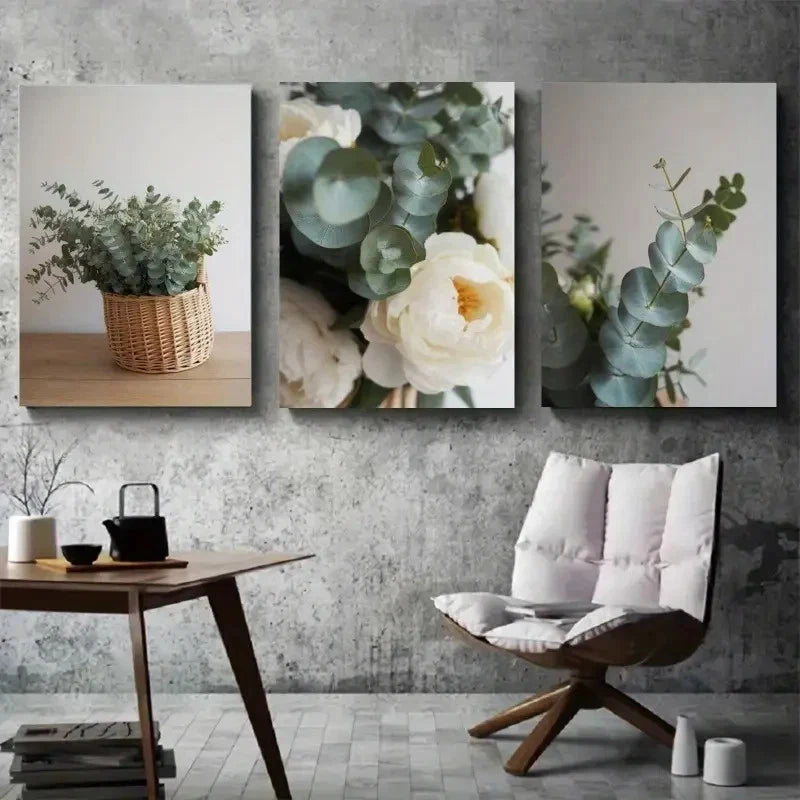 3pcs  Eucalyptus Leaves, White Peonies Wall Art Set Canvas Framed 40x60cm - High Quality Print 100% Australian Made Wall Canvas Ready to Hang - Bella Home Decor