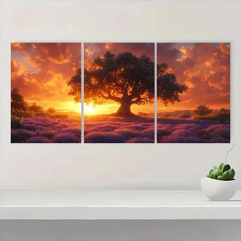 3pcs Painting of an Oak Tree at Sunset Wall Art Canvas Unframed - High Quality Print 100% Australian Made Wall Canvas - Bella Home Decor