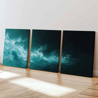 3pcs Abstract Ocean Waves Teal White Swirls  Wall Art Set Canvas Framed 50x70cm - High Quality Print 100% Australian Made Wall Canvas Ready to Hang - Bella Home Decor