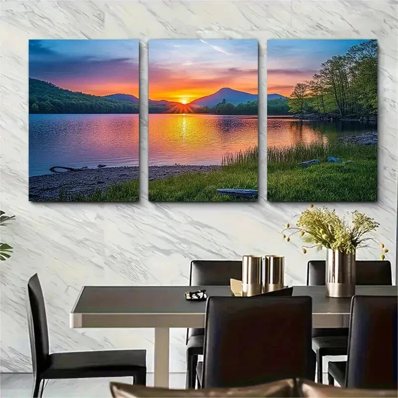 3pcs Sunset Mountain & Water Reflection Metal Print Ready to Hang Art - Bella Home Decor