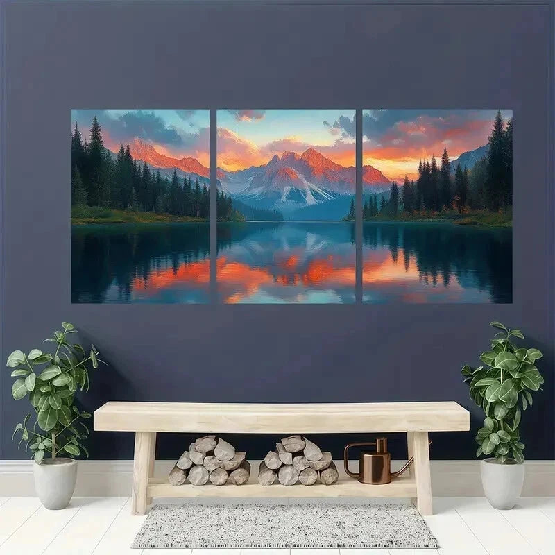 3pcs Sunset Mountain Landscape Lake Mountain Wall Art Set Canvas Framed 50x70cm - High Quality Print 100% Australian Made Wall Canvas Ready to Hang