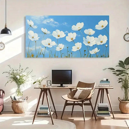 Blue Sky And White Daisies Wall Art Canvas Office Home Room Framed 120x60cm - Bella Home Decor